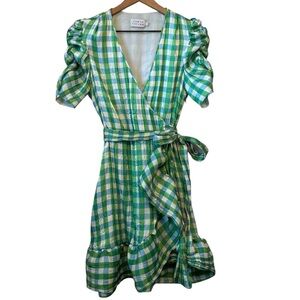 Tanya Taylor Natasha Gingham Wrap Dress Size 4 Blue Green Shimmer Ruched Sleeves